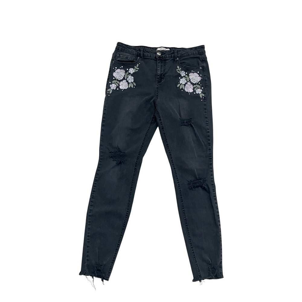 Adam Levine Womens Black Embroidered Floral Distressed Skinny Jeans Size 13